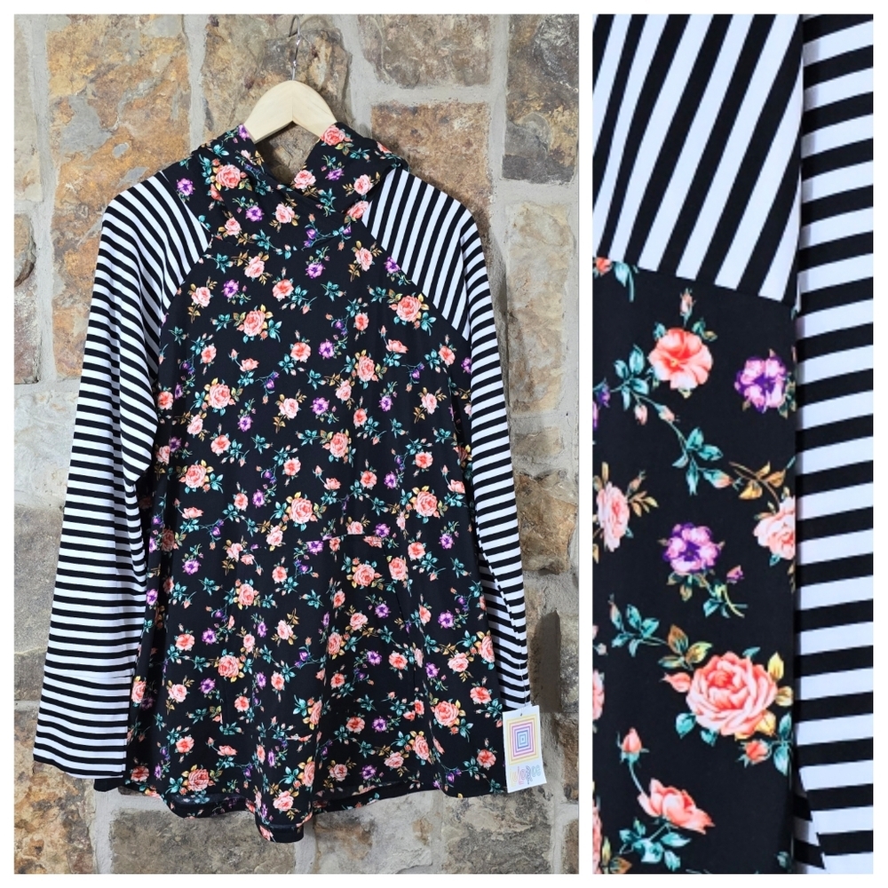 NWT Lularoe Amber 2X Floral Striped Hoodie Jacket Unicorn